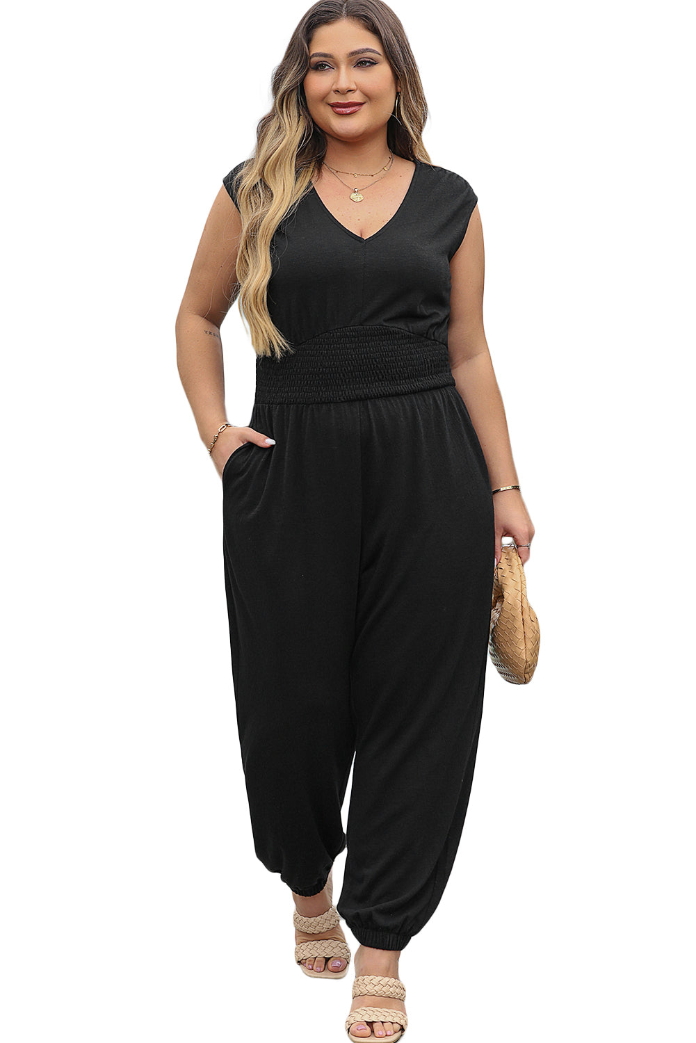 Black Plus Smocked High Waist Sleeveless V Neck Jumpsuit - Scarlett's Riverside Boutique 