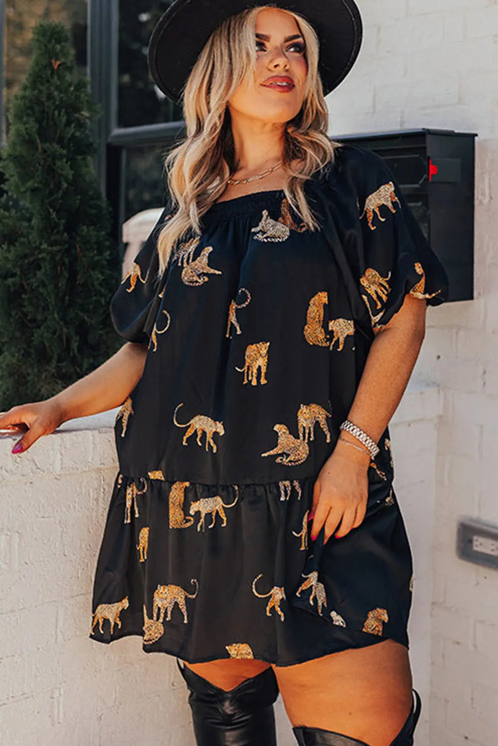 Black Plus Size Cheetah Print Puff Sleeve Ruffle Mini Dress - Scarlett's Riverside Boutique 