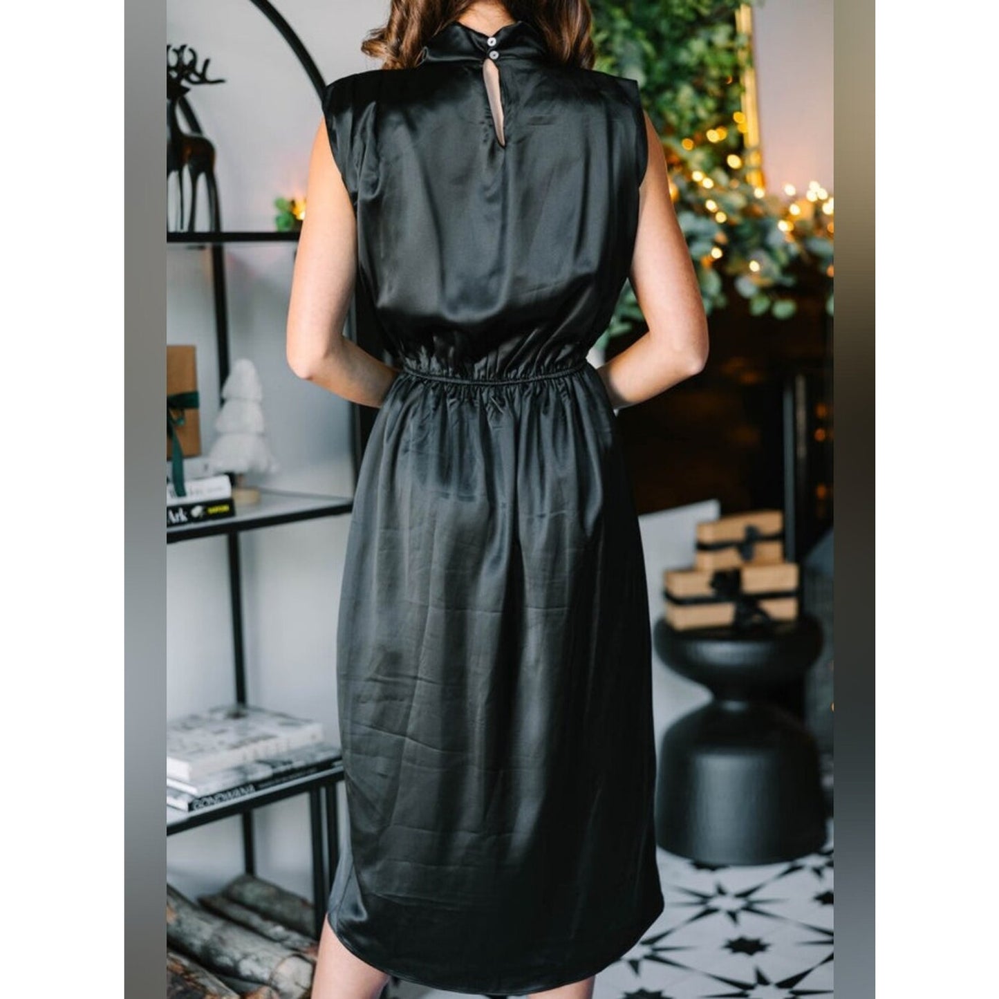 Entro Black Mini Dress Women’s Large Mock Neck Sleeveless Wrap Ruffle Hem