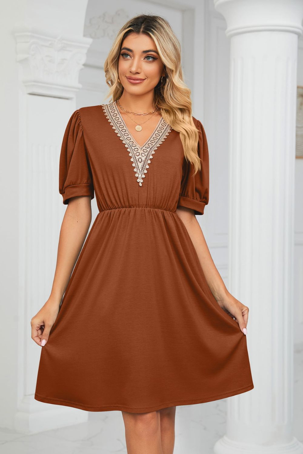 Contrast V-Neck Puff Sleeve Pocket Dress - Scarlett's Riverside Boutique 