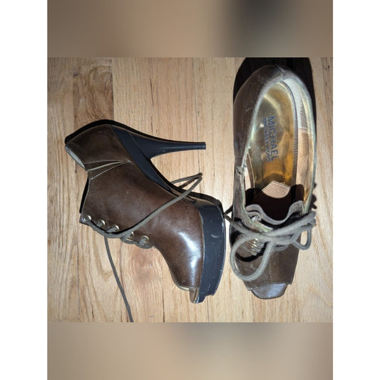 Michael Kors Brown/Olive Leather Peep Toe Lace Up Platform Stiletto Booties Heel