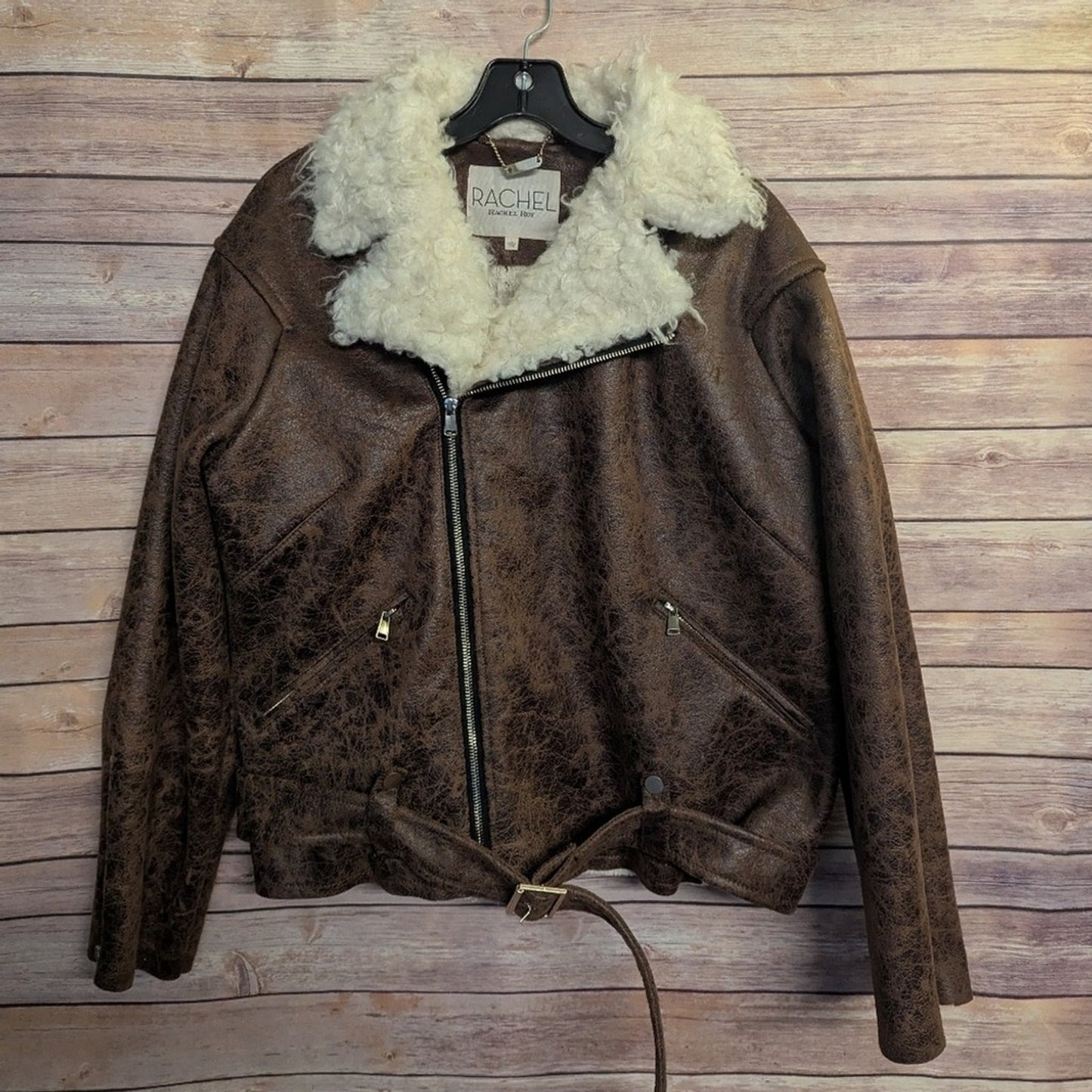 Rachel Roy Brown Faux Leather Shearling Moto Jacket Aviator Belted Zip Coat
