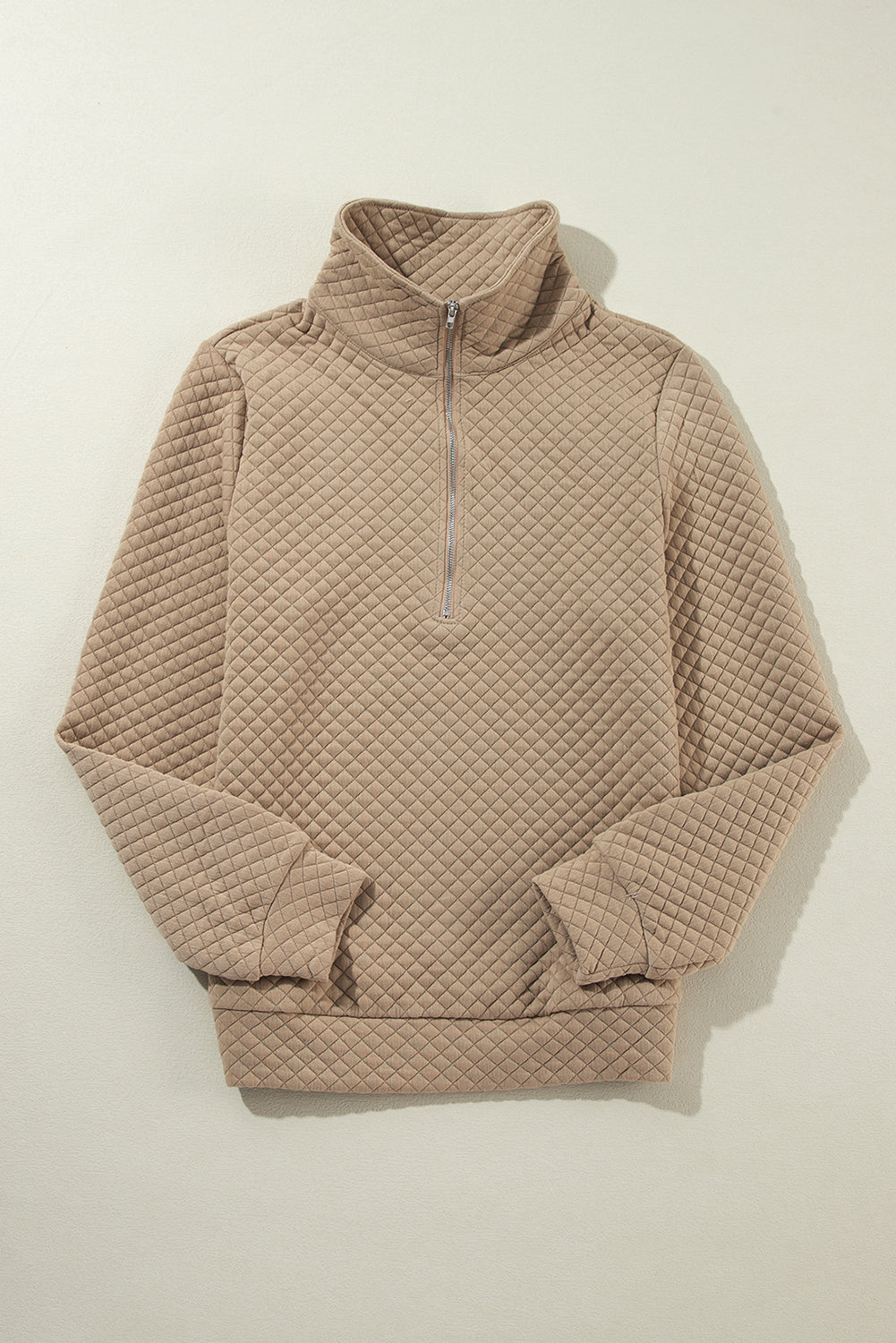 Pale Khaki Solid Half Zipper Quilted Pullover Sweatshirt - Scarlett's Riverside Boutique 