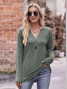 Double Take Buttoned Notched Neck Long Sleeve Top Casual Womenswear Solid Comfort