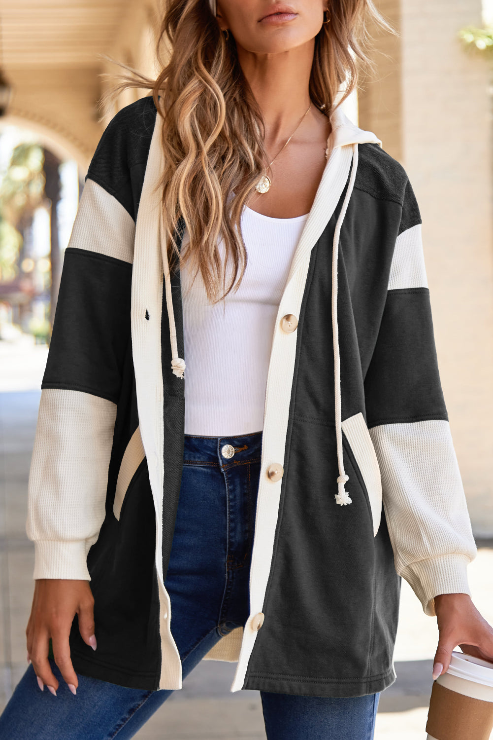 Waffle Contrast Knit Color Block Patchwork Button Front Oversize Hoodie