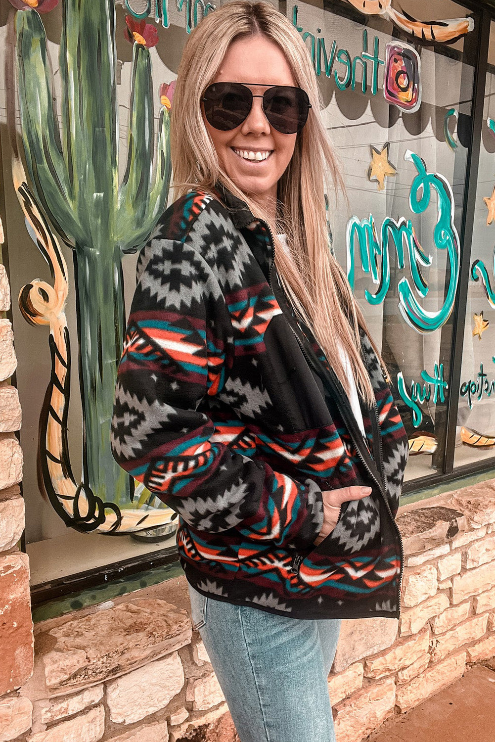 Black Aztec Printed Zip Up Collar Jacket - Scarlett's Riverside Boutique 