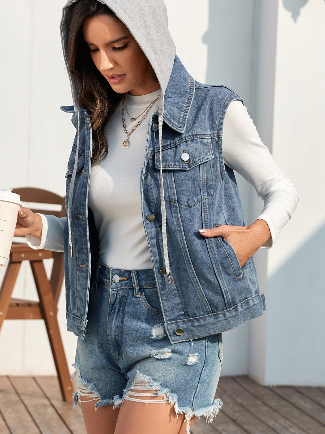 Pocketed Button Up Hooded Denim Jacket - Scarlett's Riverside Boutique 