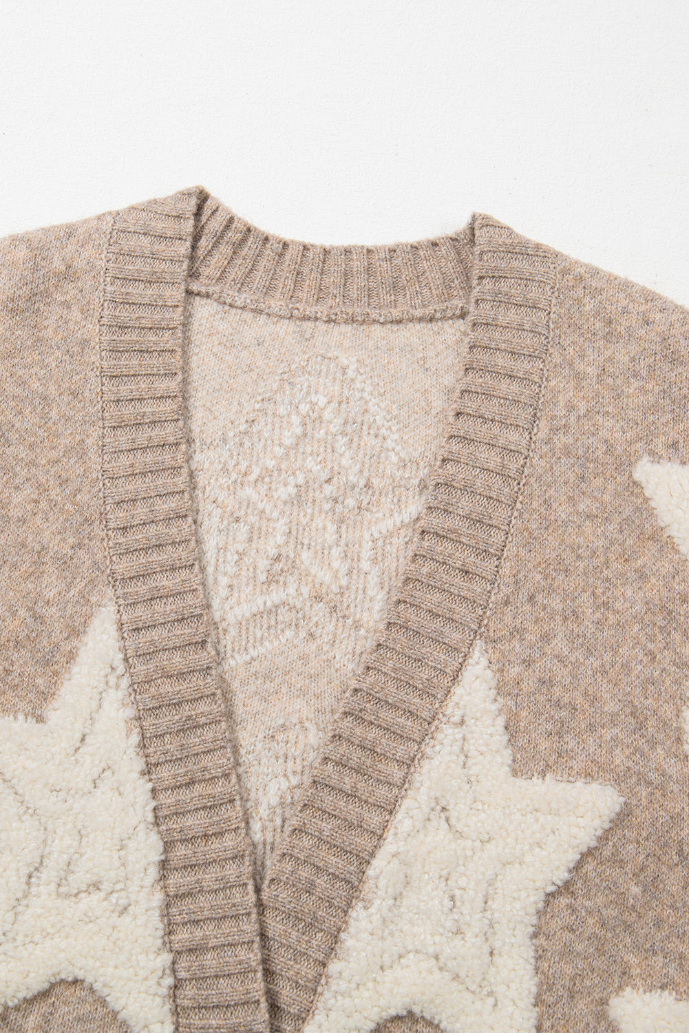 Khaki Sherpa Star Pattern Textured Sweater Cardigan with Pockets - Scarlett's Riverside Boutique 