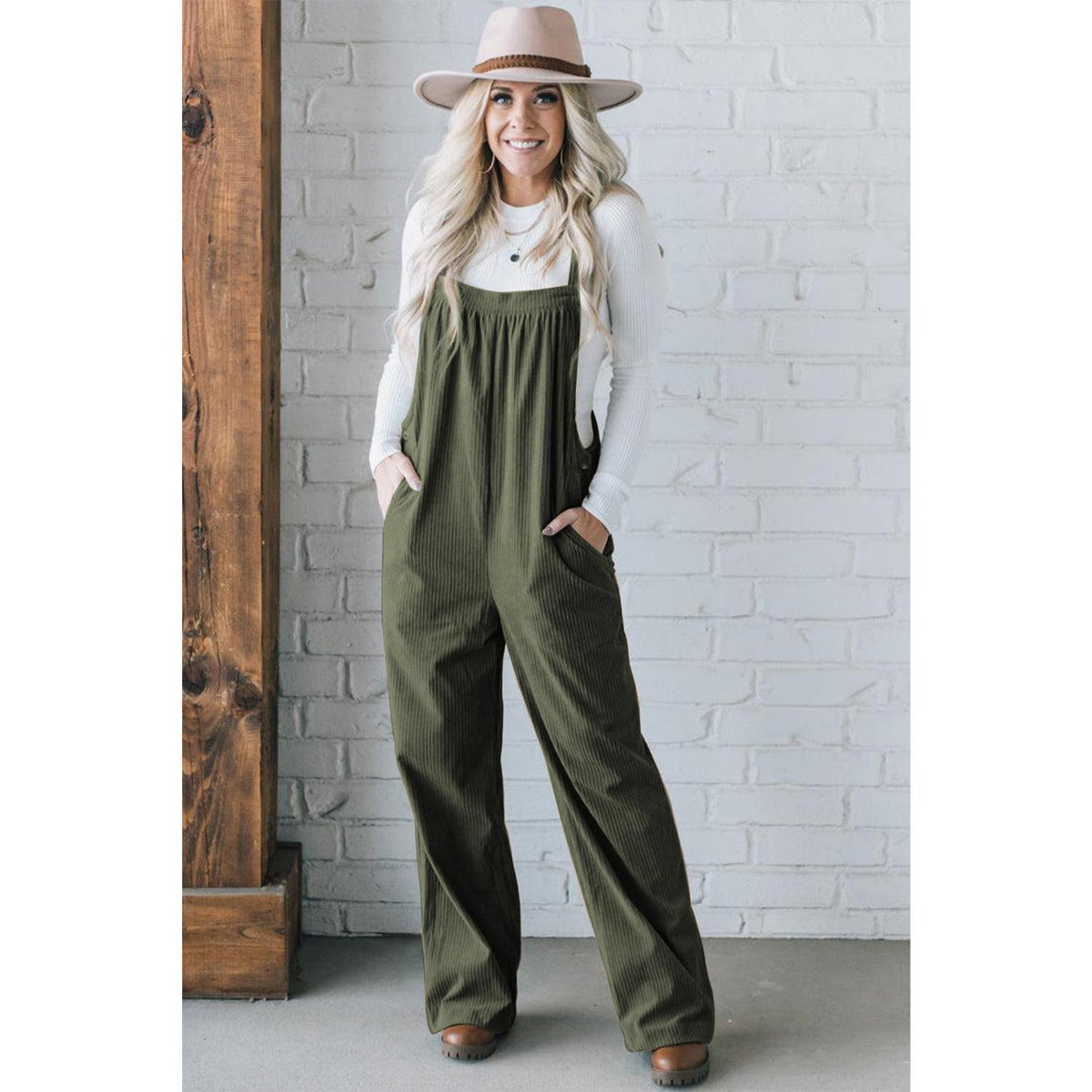 Jungle Green Solid Pocketed Loose Fit Corduroy Overall Bottoms Chic