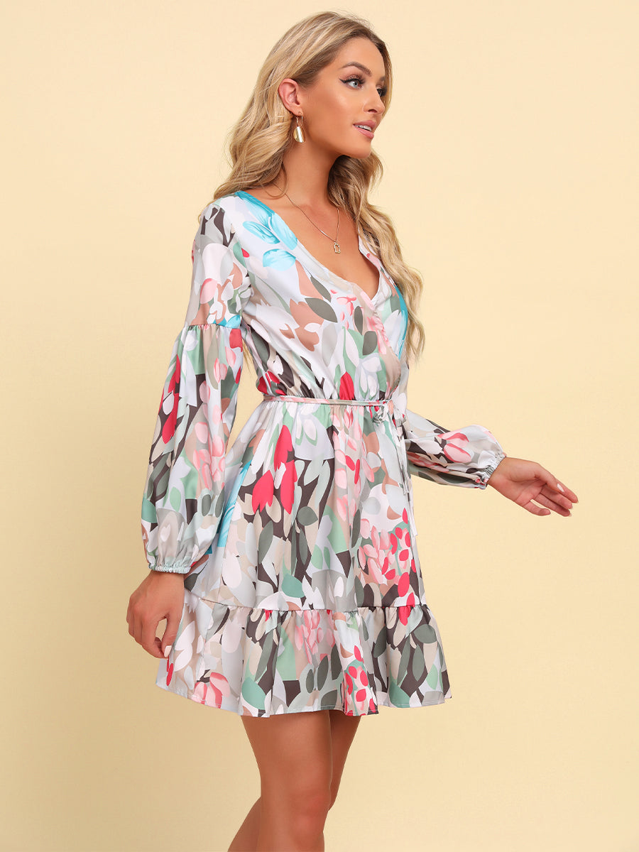 Printed Tie-Waist Puff Sleeve Surplice Dress - Scarlett's Riverside Boutique 