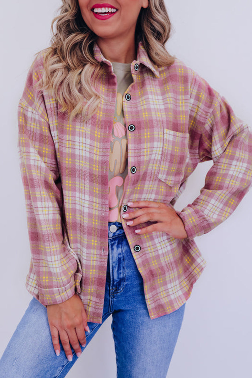 Pink Plaid Print Chest Pocket Long Sleeve Shacket - Scarlett's Riverside Boutique 