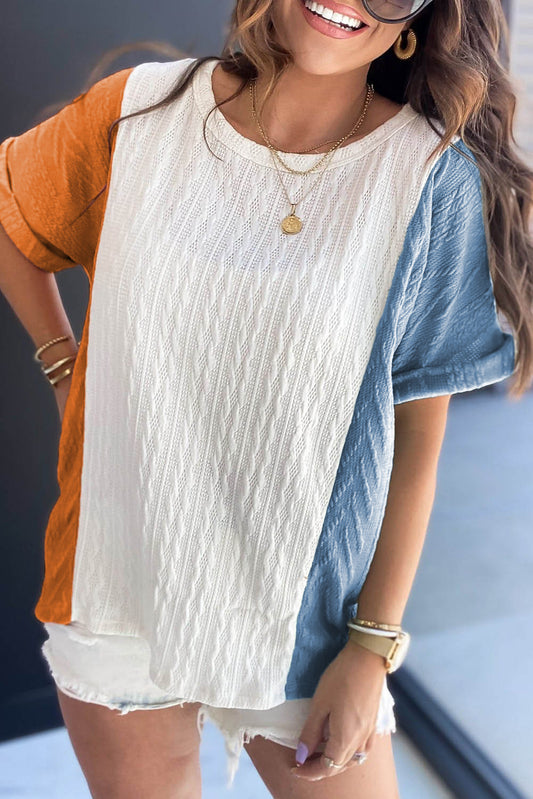 Light Blue Textured Color Block Loose Fit T Shirt - Scarlett's Riverside Boutique 