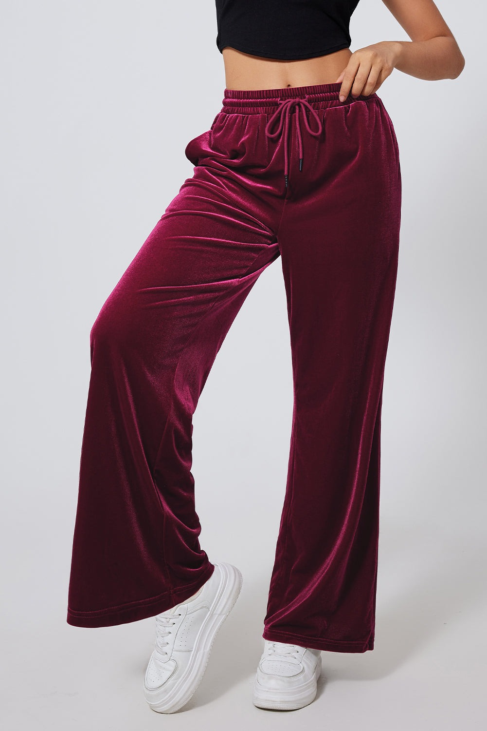 Burgundy Solid Drawstring Waist Wide Leg Pants - Scarlett's Riverside Boutique 