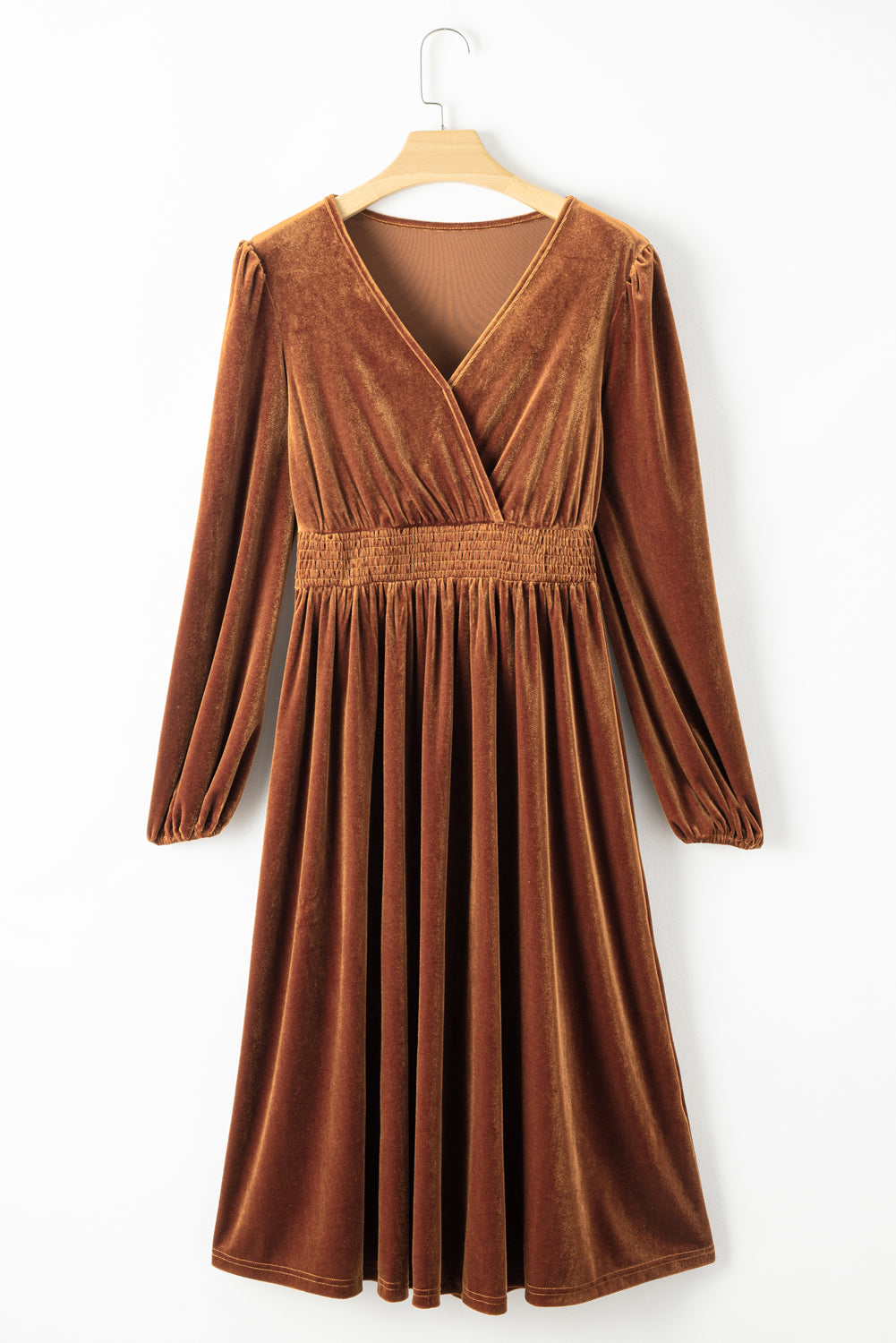 Camel Wrap V Neck Smocked High Waist Velvet Midi Dress - Scarlett's Riverside Boutique 