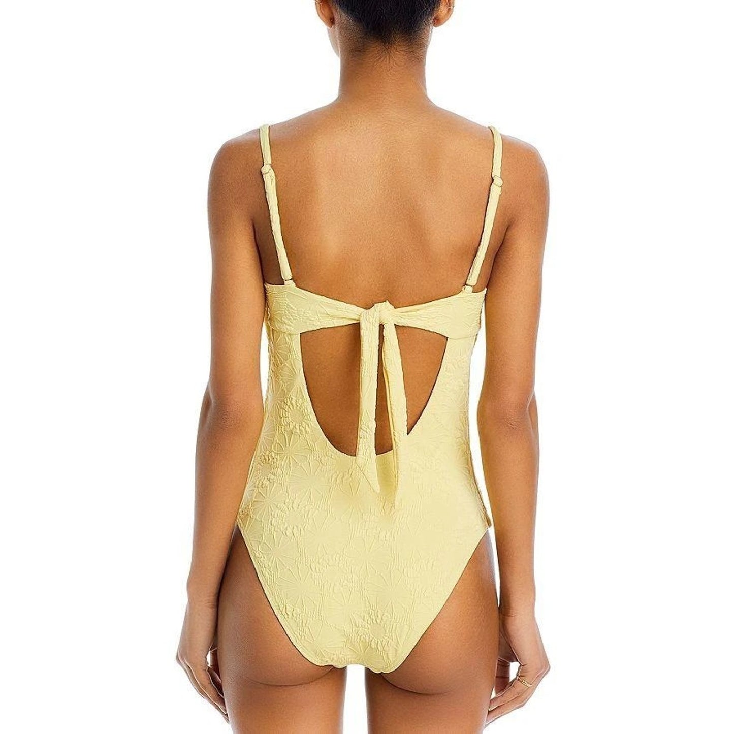 AQUA Bandeau One Piece Swimsuit Small Yellow Textured Cutout Back Strappy #G50