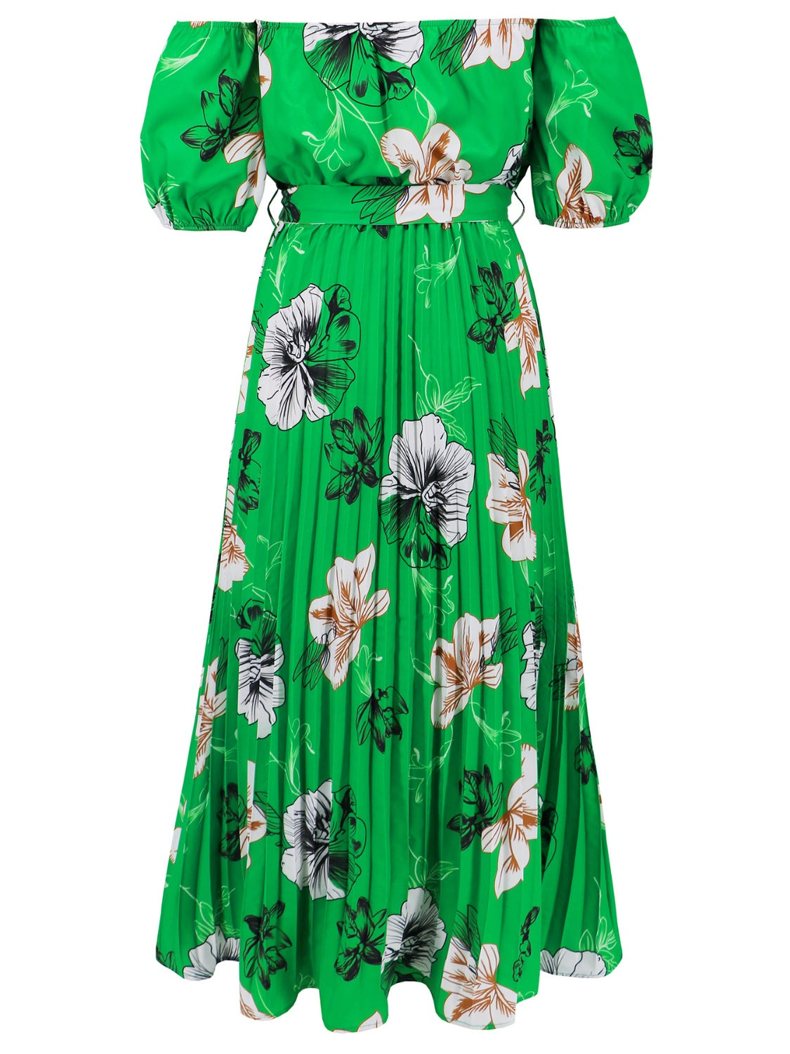 Pleated Floral Off-Shoulder Short Sleeve Midi Dress - Scarlett's Riverside Boutique 