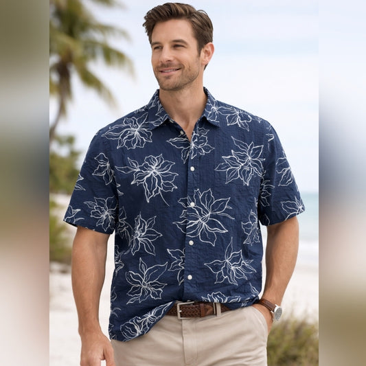 GAP Size L Navy Floral Button Down Vacation Shirt Sleeve | Lightweight Top