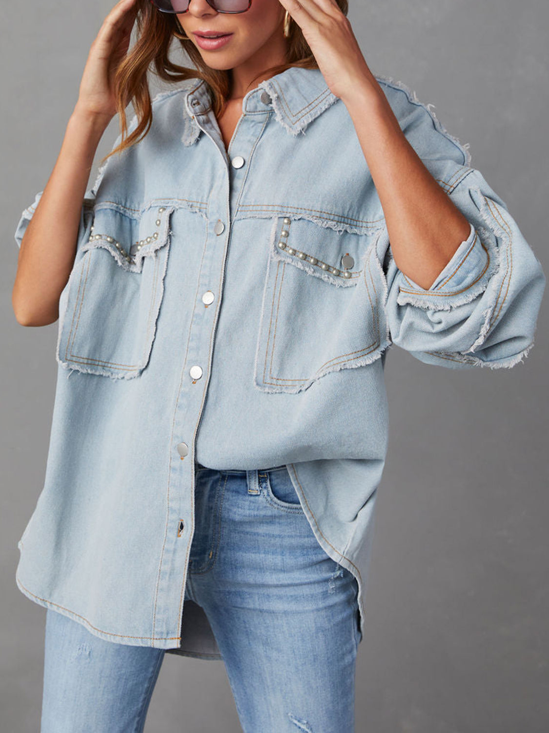 Button Down Raw Hem Denim Jacket - Scarlett's Riverside Boutique 