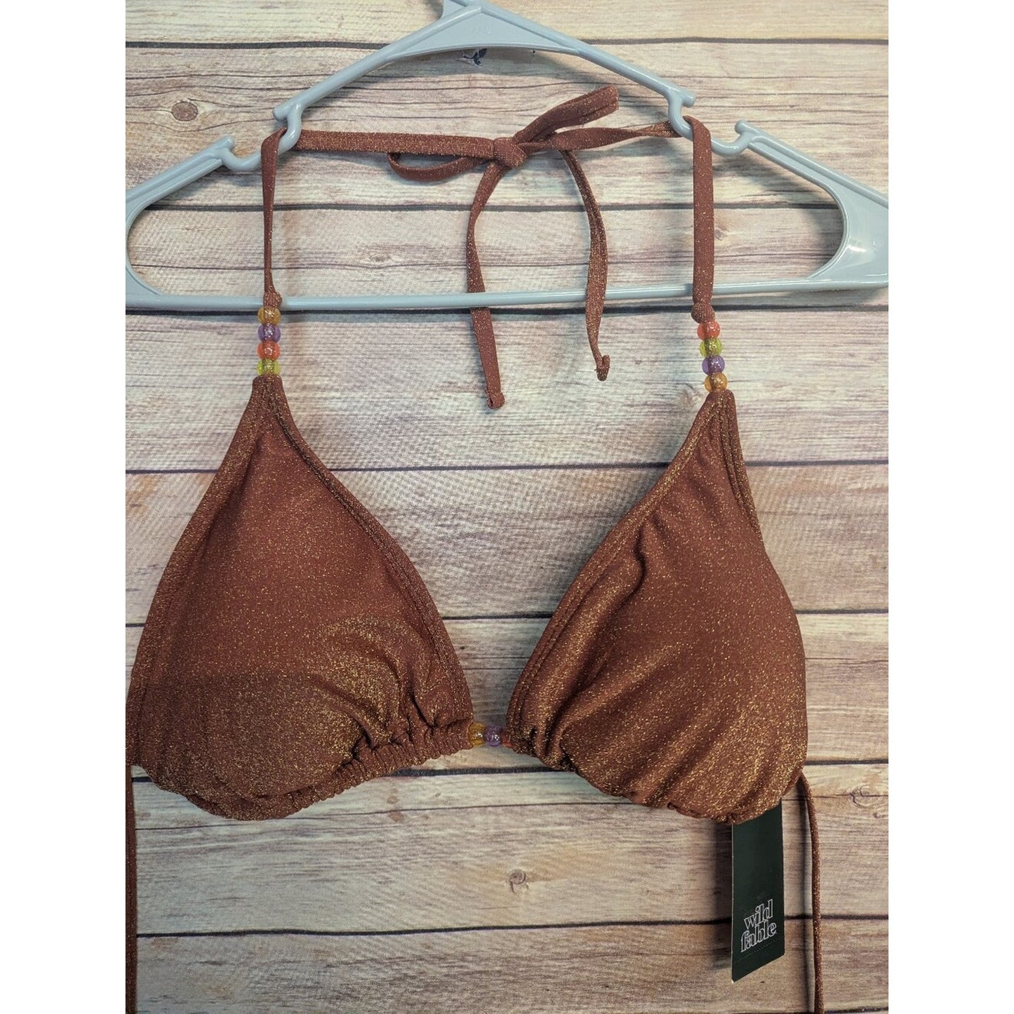 Wild Fable Bikini Top XL 16 Brown Gold Shimmer Triangle Halter Swim NWT