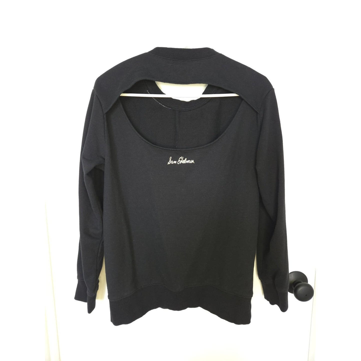 Sam Edelman SAM Graphic Sweatshirt Size S Black White Logo Pullover Open Back