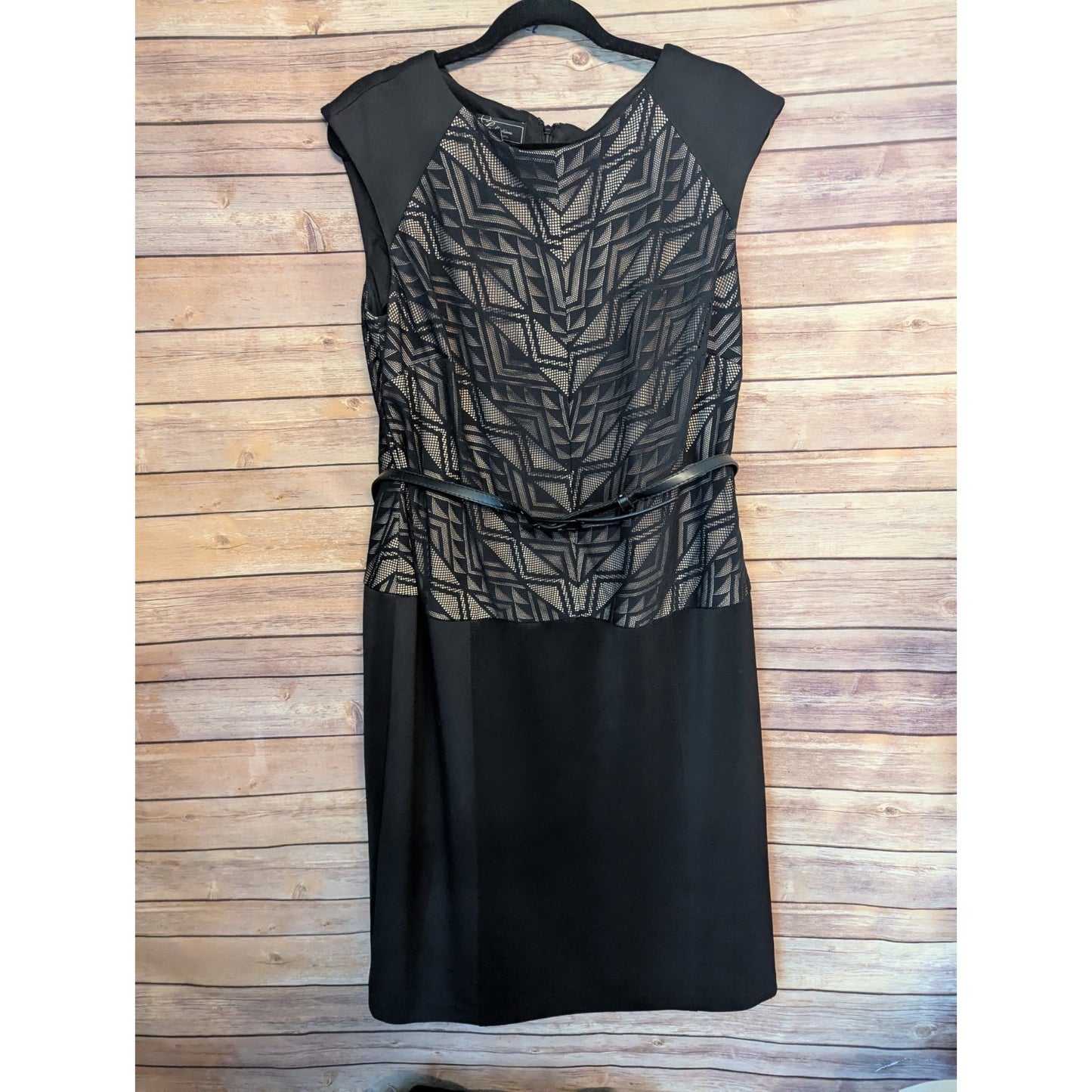 Dressbarn Collection Black Geometric Lace Sheath Dress Size 16 Belted Career