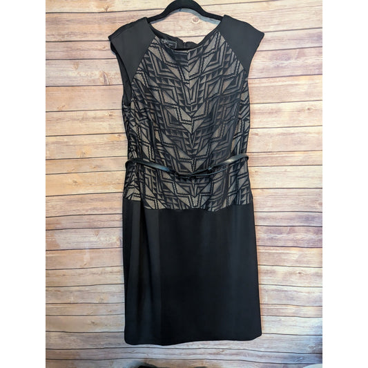 Dressbarn Collection Black Geometric Lace Sheath Dress Size 16 Belted Career