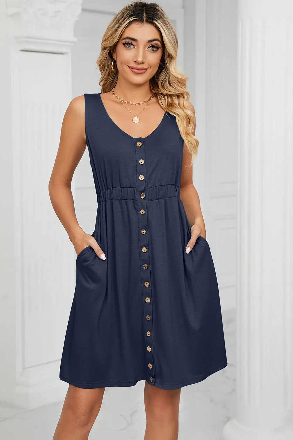 Buttoned Wide Strap Mini Dress - Scarlett's Riverside Boutique 