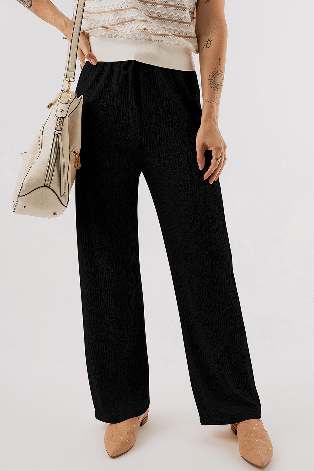 Black Textured Loose Drawstring Pants - Scarlett's Riverside Boutique 