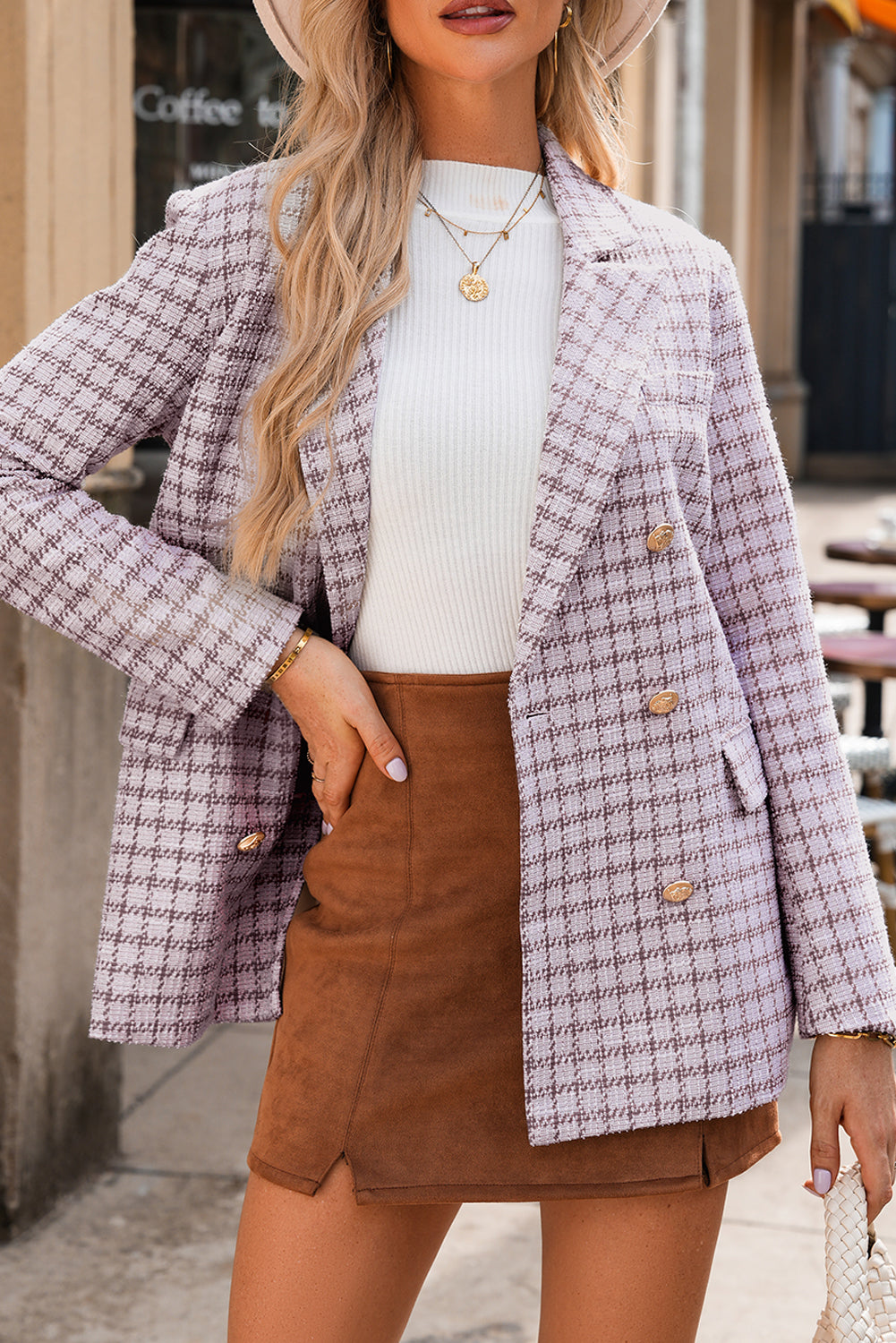 Pink Plaid Tweed Blazer Women’s Double Breasted Gold Button Jacket Chic Office Layer