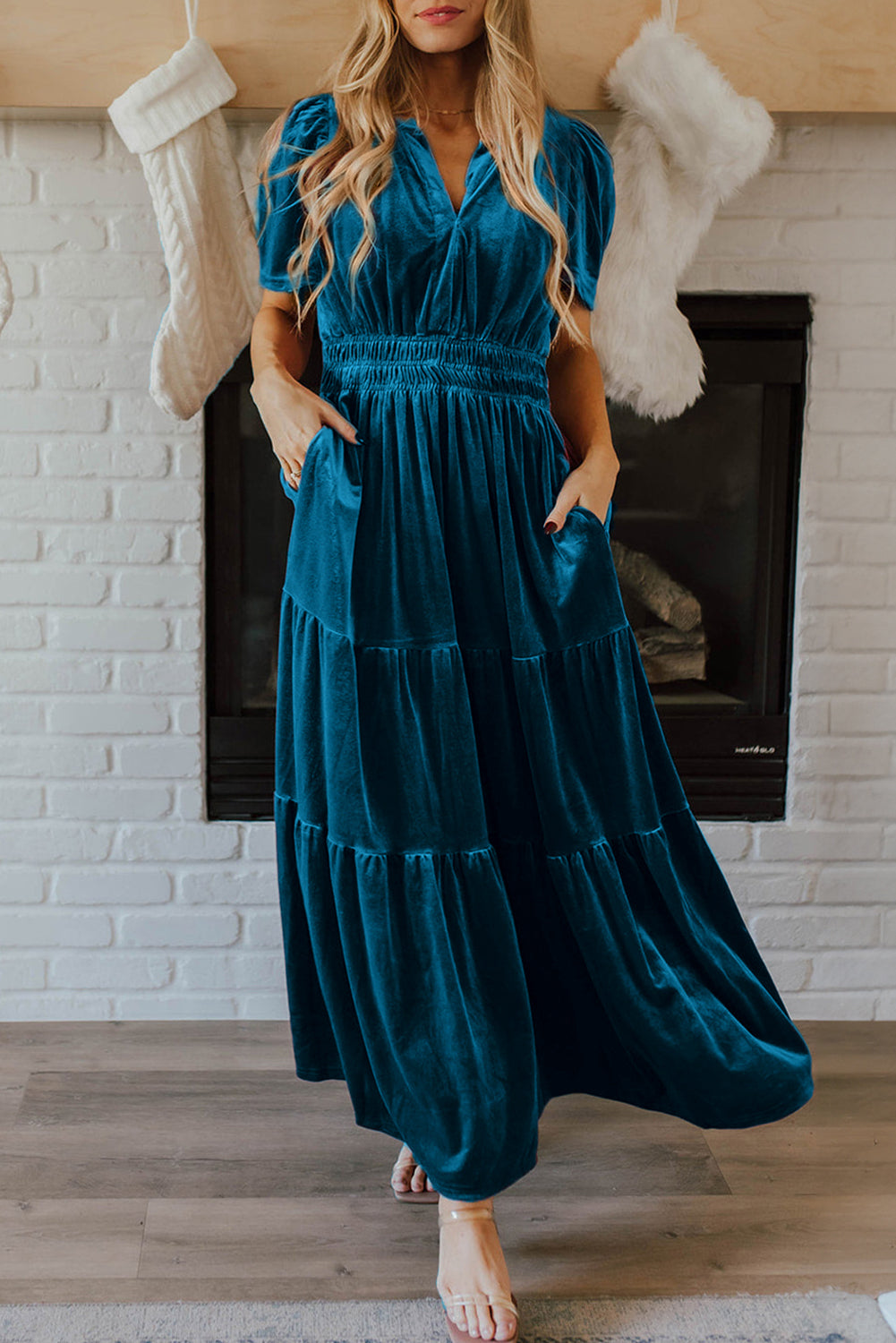 Prussian Blue Velvet Short Sleeve Shirred Waist Tiered Maxi Dress - Scarlett's Riverside Boutique 