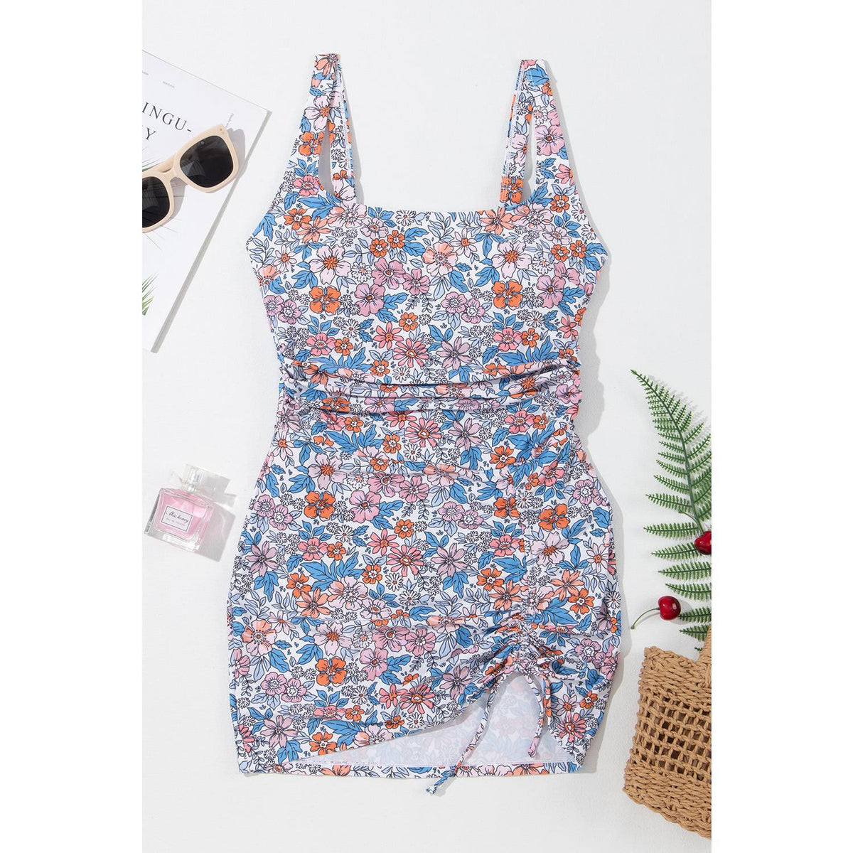 Pink Drawstring Ruched Floral Swim Dress