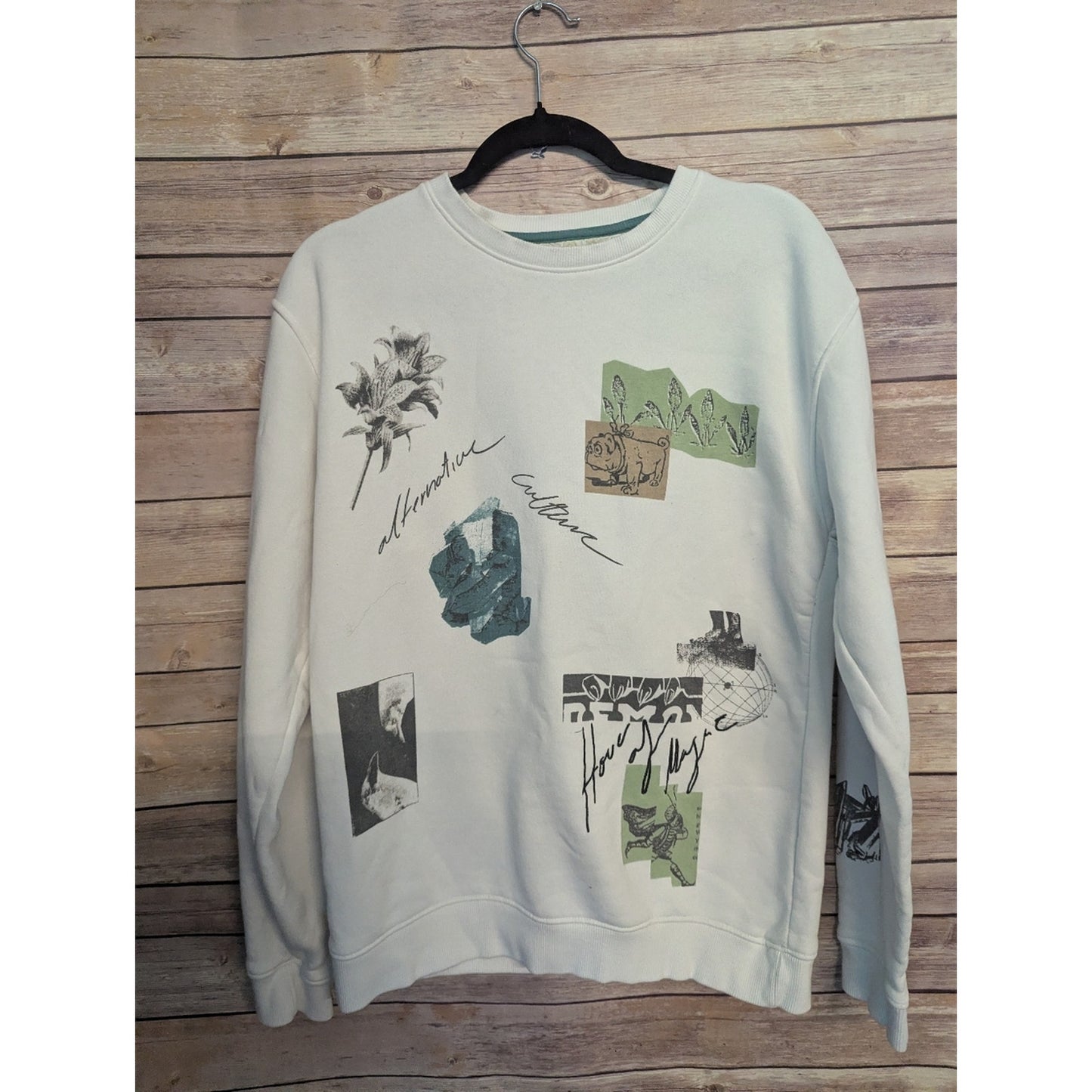 Denim & Flower Ricky Singh Pullover Sweatshirt Cream Womens Sz L Streetwear