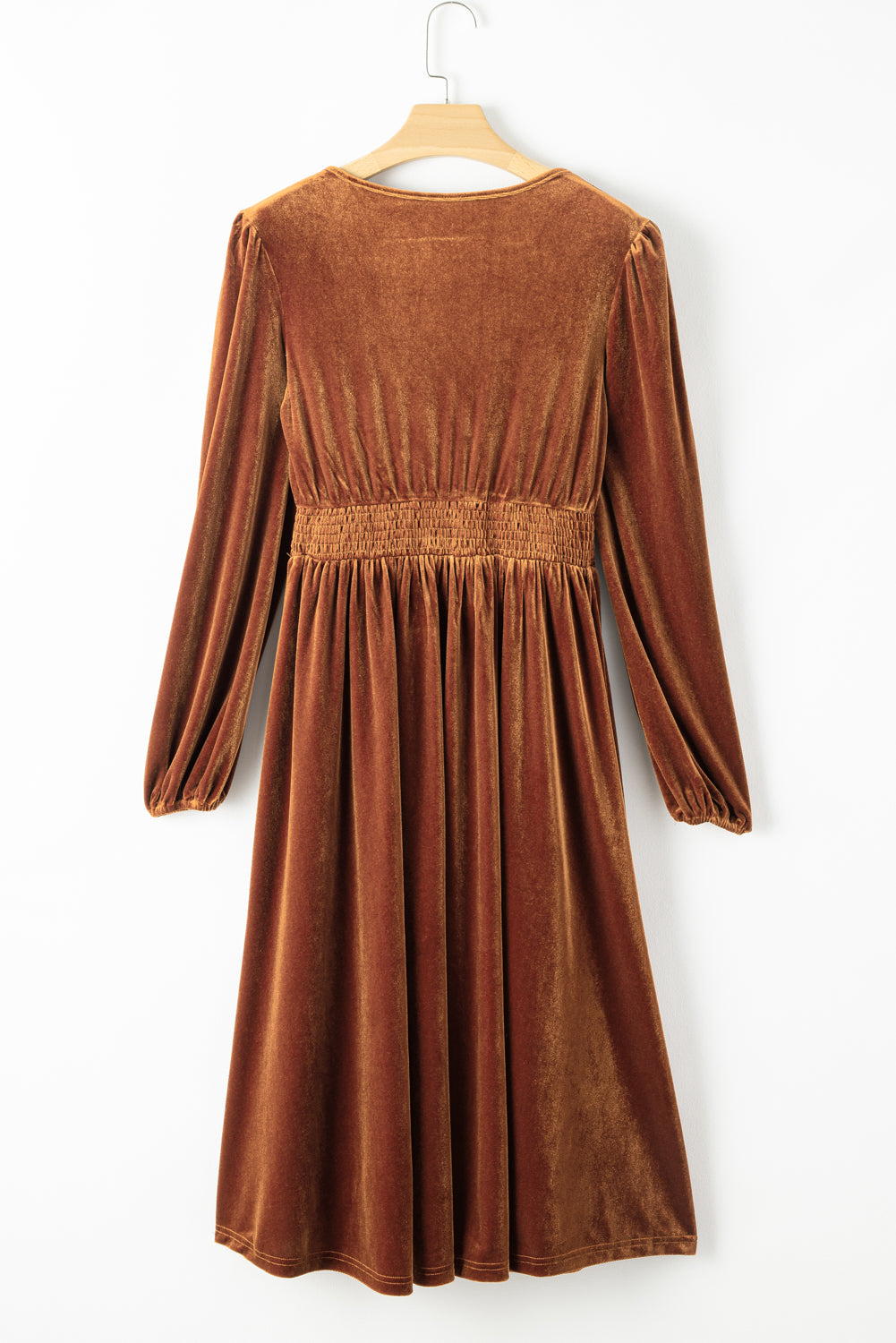 Camel Wrap V Neck Smocked High Waist Velvet Midi Dress - Scarlett's Riverside Boutique 