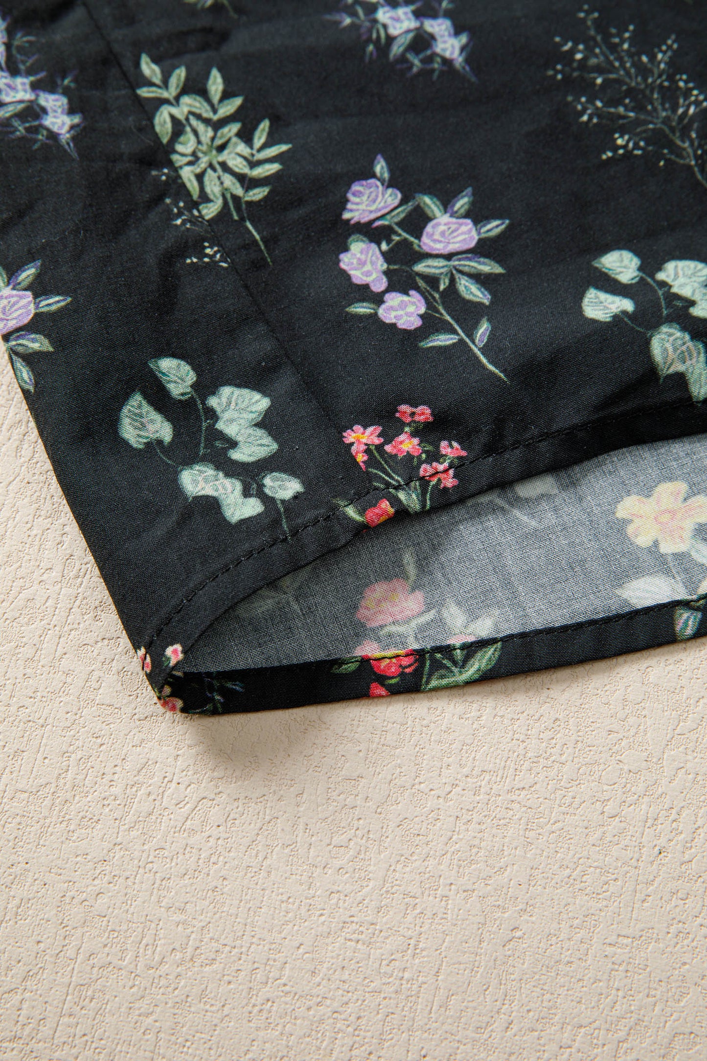 Women’s Black Floral Ruffle Blouse | Button Down Romantic Cottagecore Top with Striped Detail