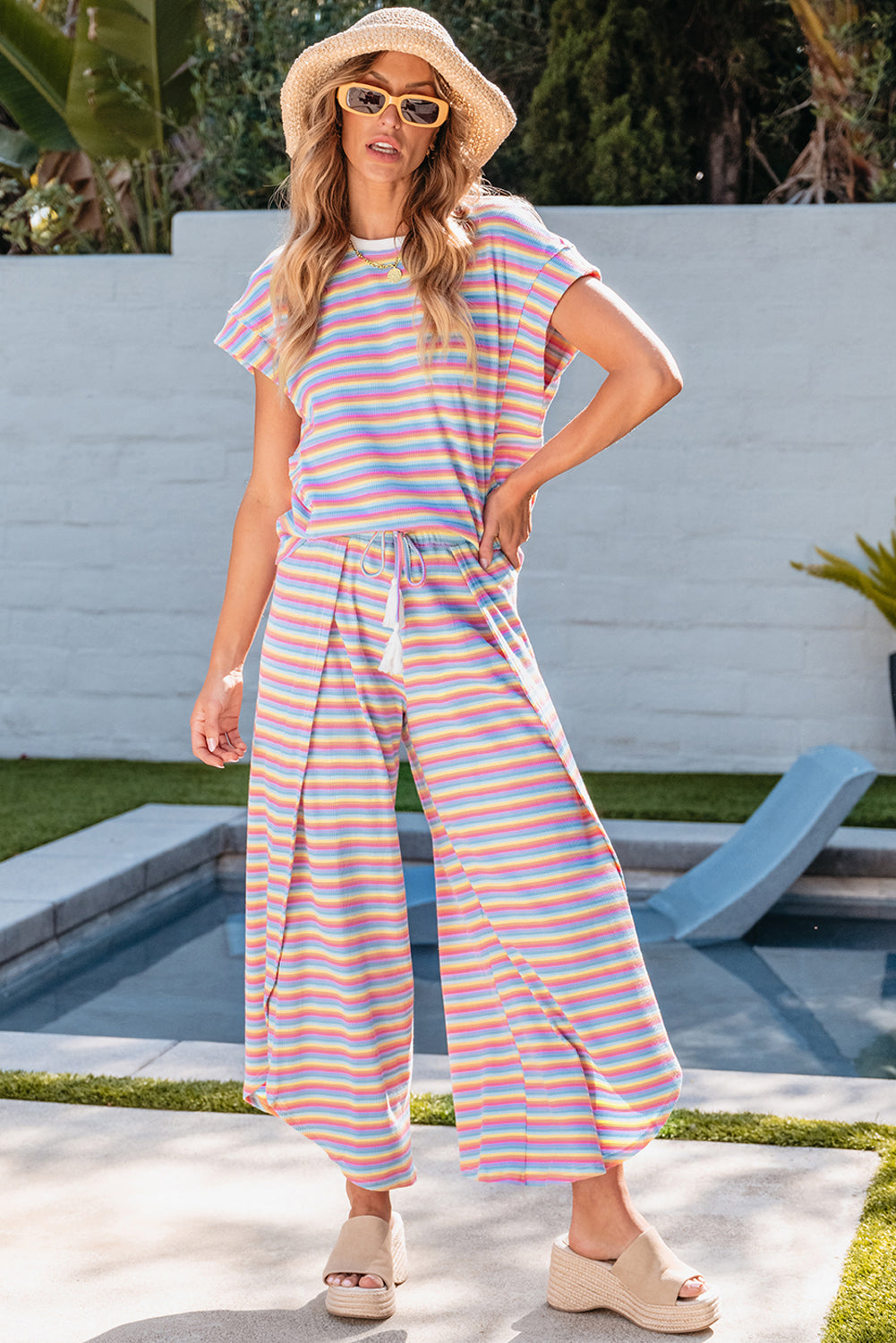 Pink Stripe Rainbow Tee Tasseled String Wide Leg Pants Set - Scarlett's Riverside Boutique 