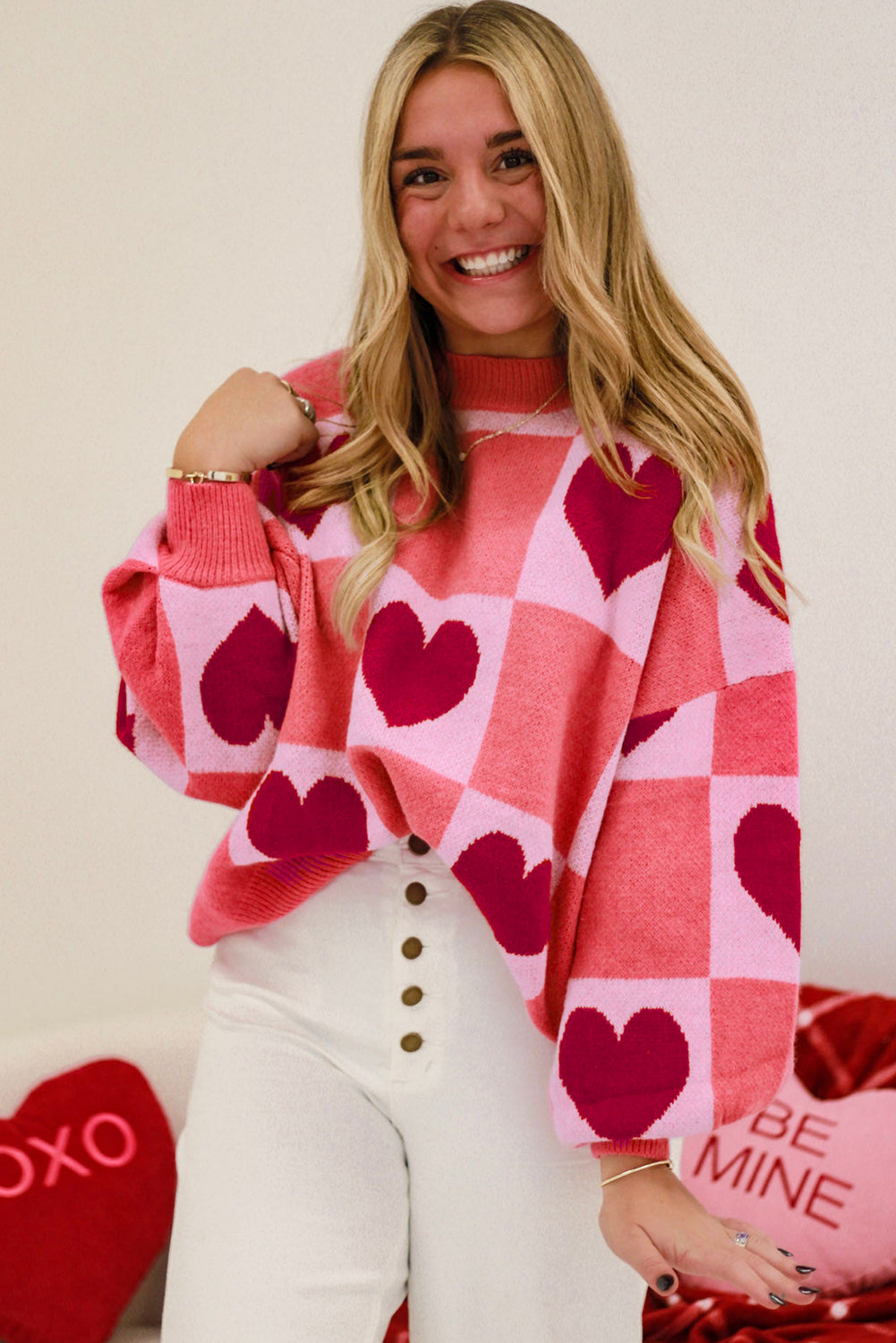 Pink Plus Size Love Heart Block Mock Neck Lantern Sleeve Valentine's Sweater