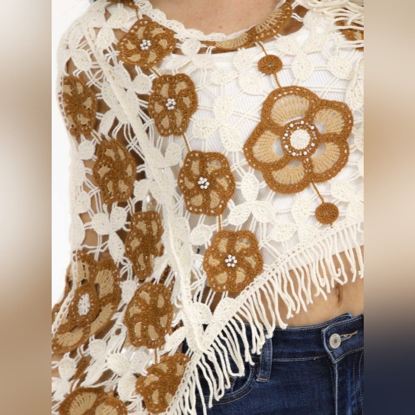Boho Crochet Floral Fringe Crop Sweater Top Cream Brown Long Sleeve
