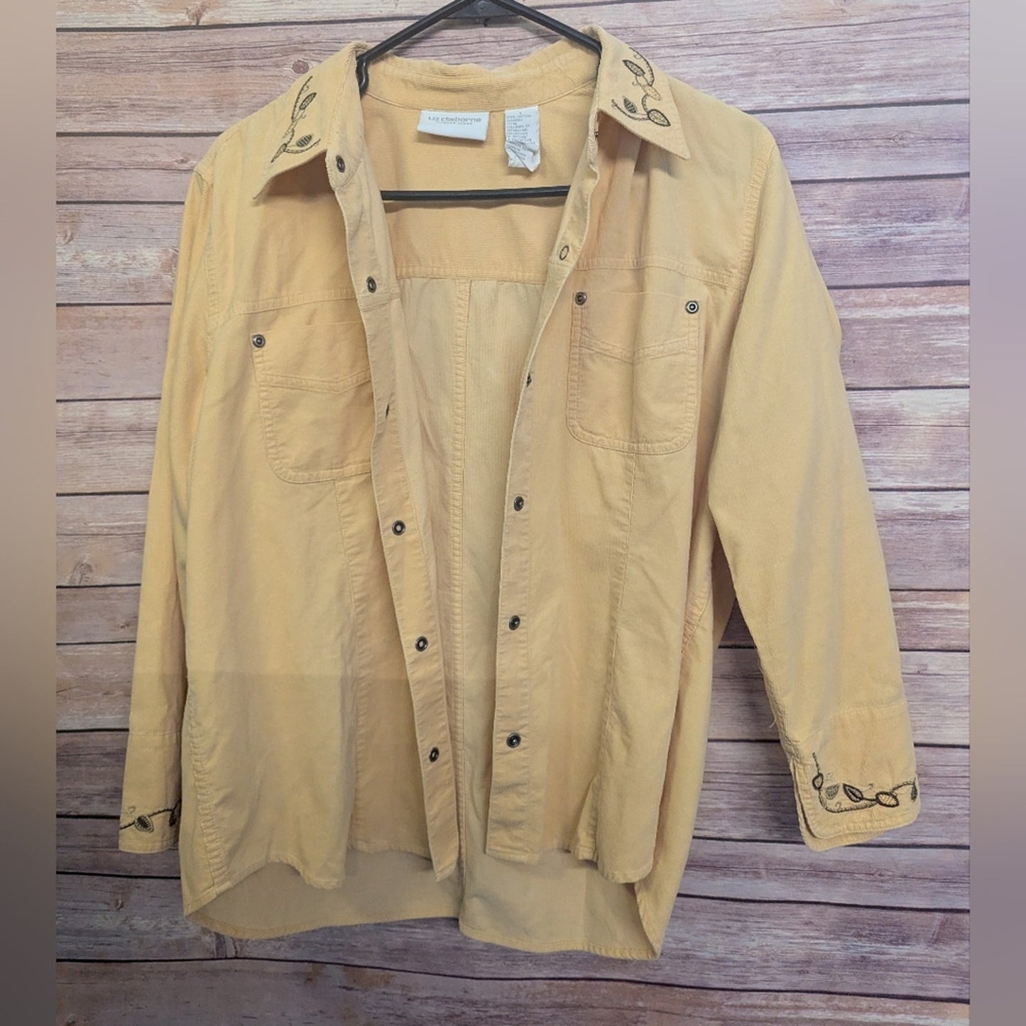 Liz Claiborne Yellow Button Front Shirt Jacket Embroidered Trim Utility Top Size
