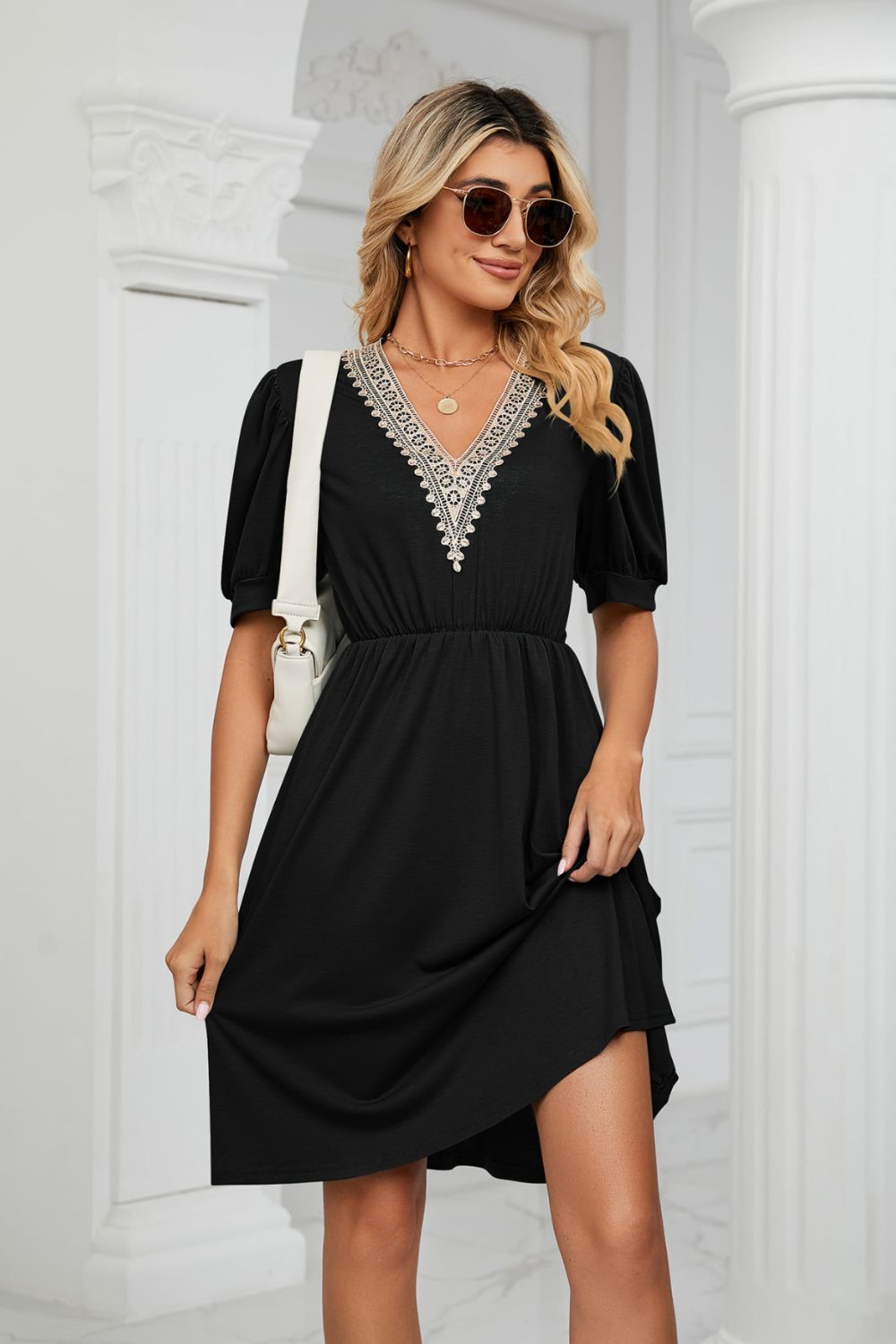 Contrast V-Neck Puff Sleeve Pocket Dress - Scarlett's Riverside Boutique 