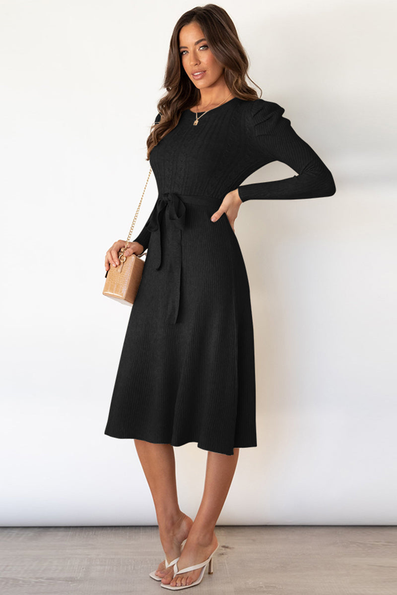 Round Neck Long Sleeve Tie Waist Sweater Dress - Scarlett's Riverside Boutique 