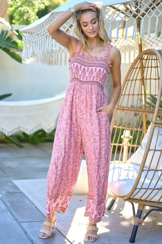 Floral Smocked Detail With Ruffle Jumpsuit - Scarlett's Riverside Boutique