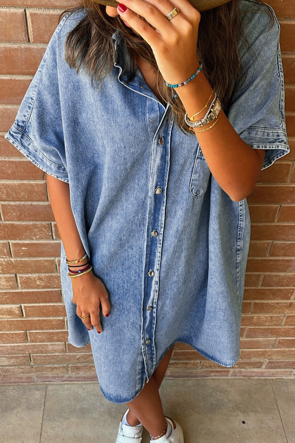 Light Blue Loose Medium Wash Short Sleeve Shirt Chambray Dress - Scarlett's Riverside Boutique 