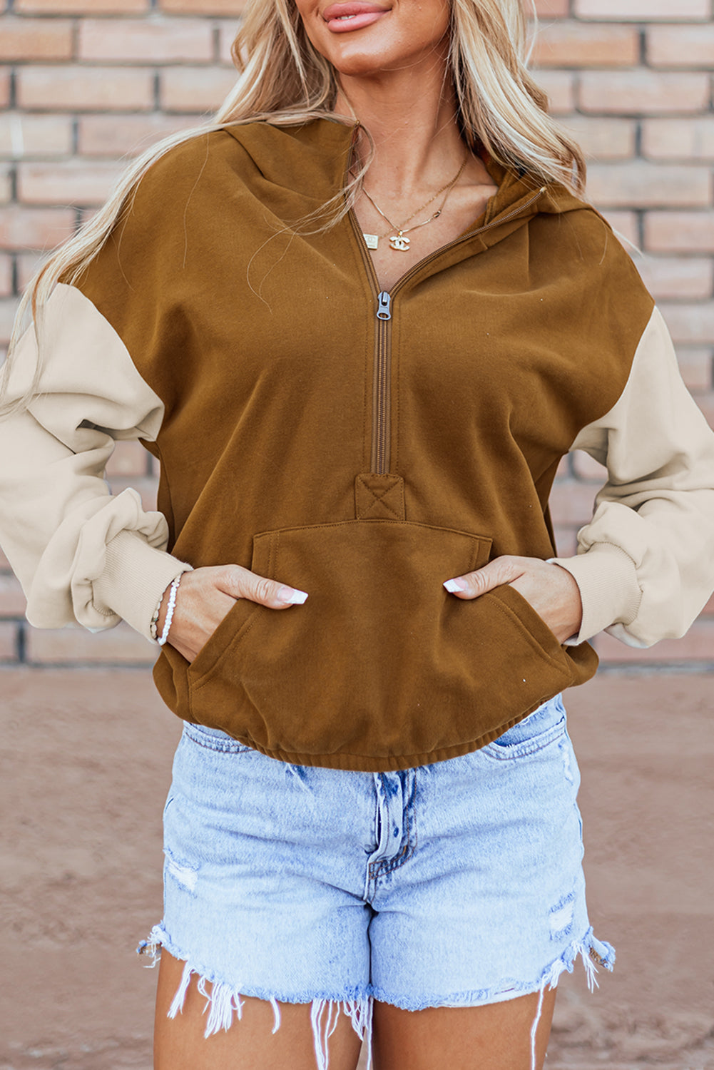 Contrast Half Zip Long Sleeve Hoodie - Scarlett's Riverside Boutique 