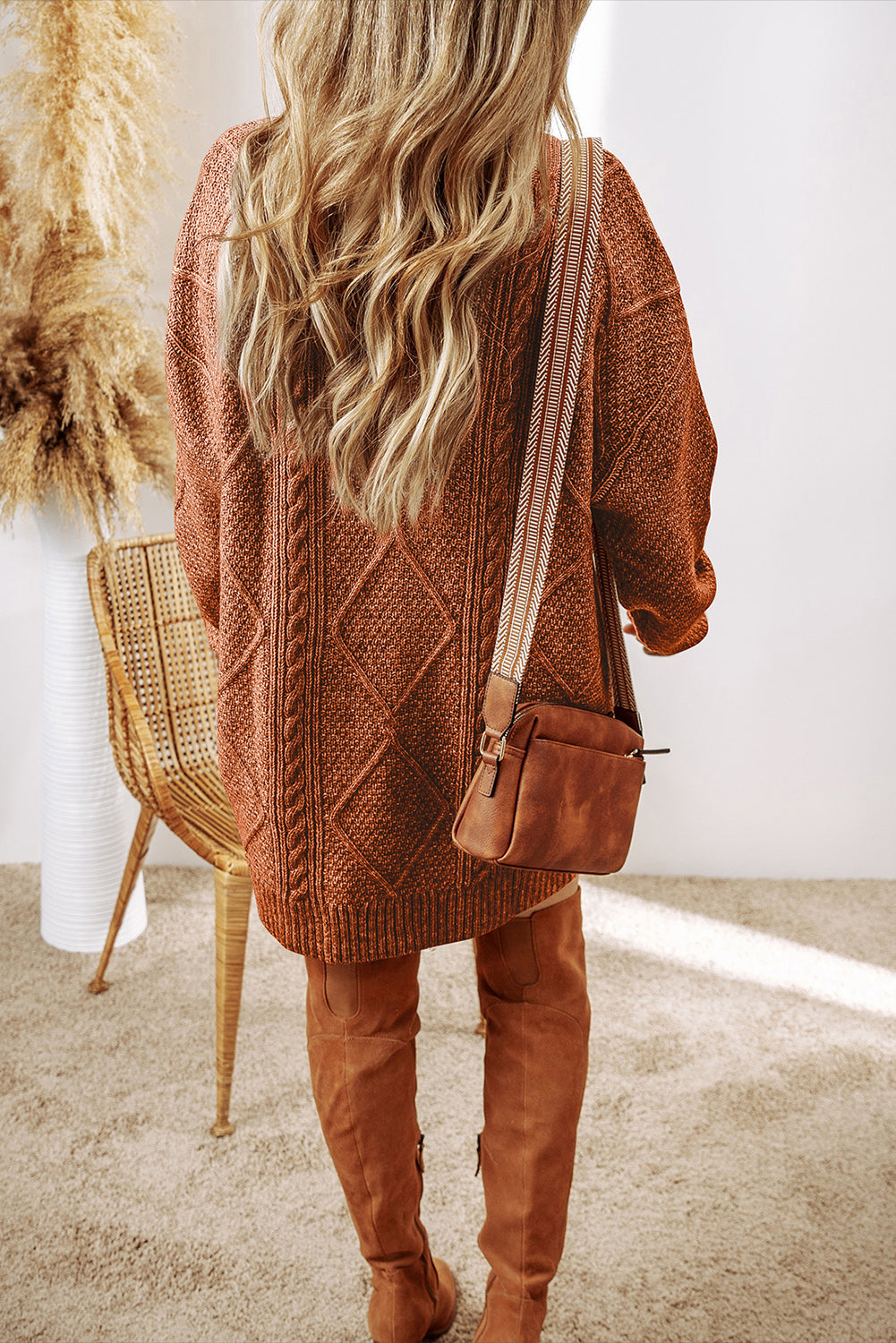 Coffee Cable Knit Drop Shoulder Loose Fit Sweater Dress - Scarlett's Riverside Boutique 