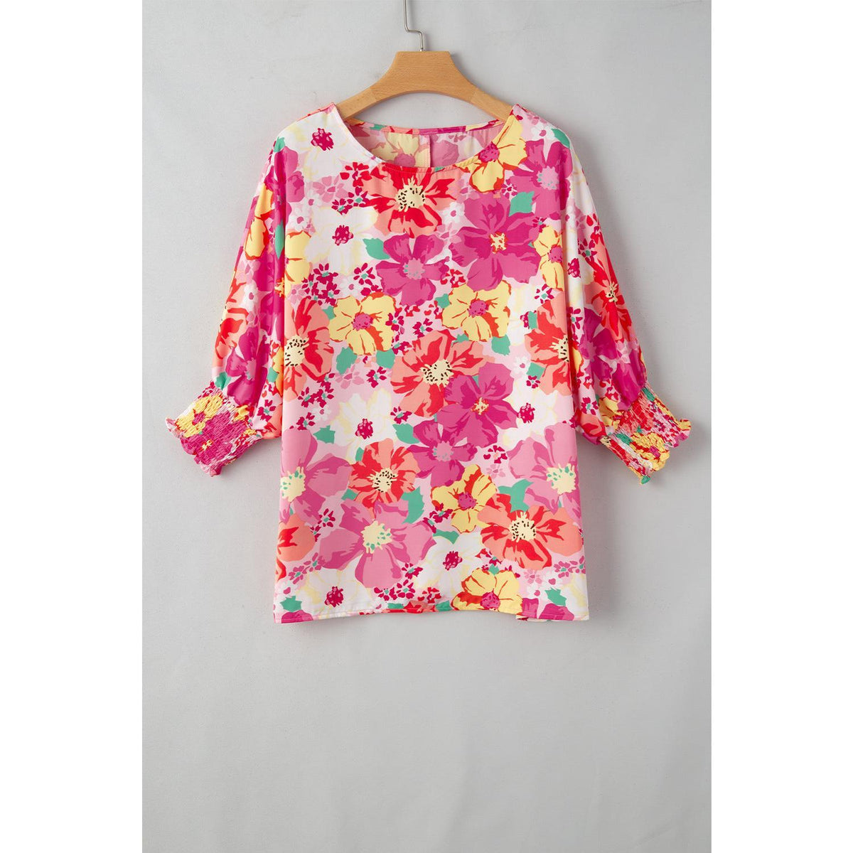 Pink Shirred Cuffs 3/4 Sleeve Floral Blouse Shirts Top Womenswear Print