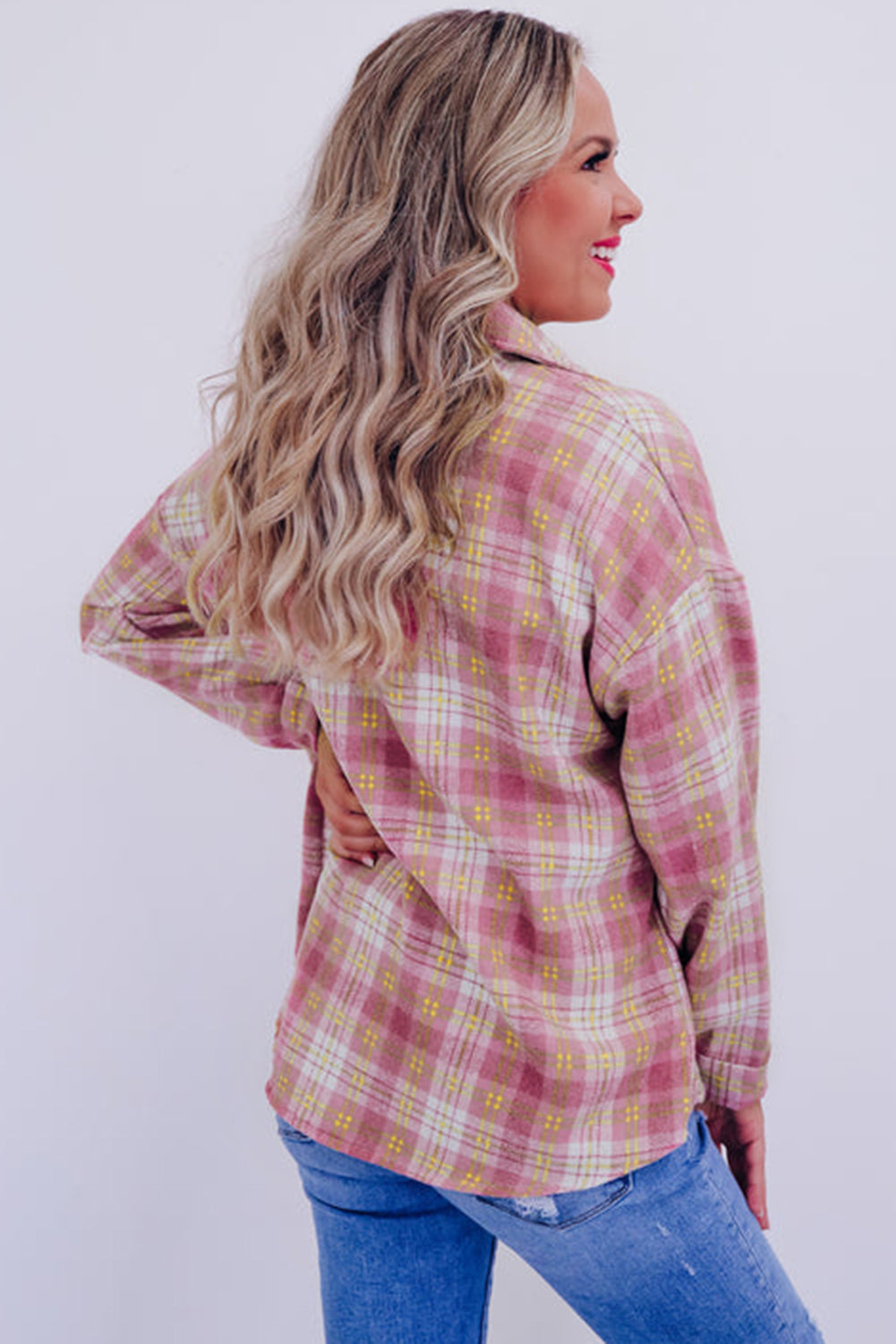 Pink Plaid Print Chest Pocket Long Sleeve Shacket - Scarlett's Riverside Boutique 