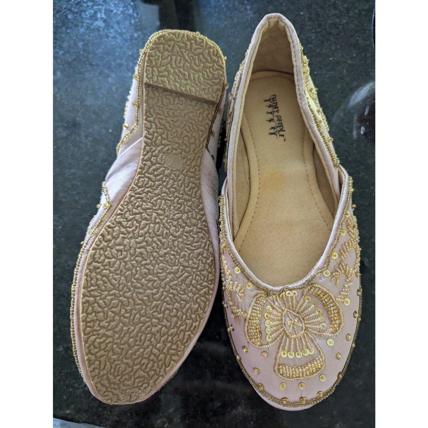 Flirty People Pink Gold Beaded Ballet Flats Women’s Slip On Sequin Embellished