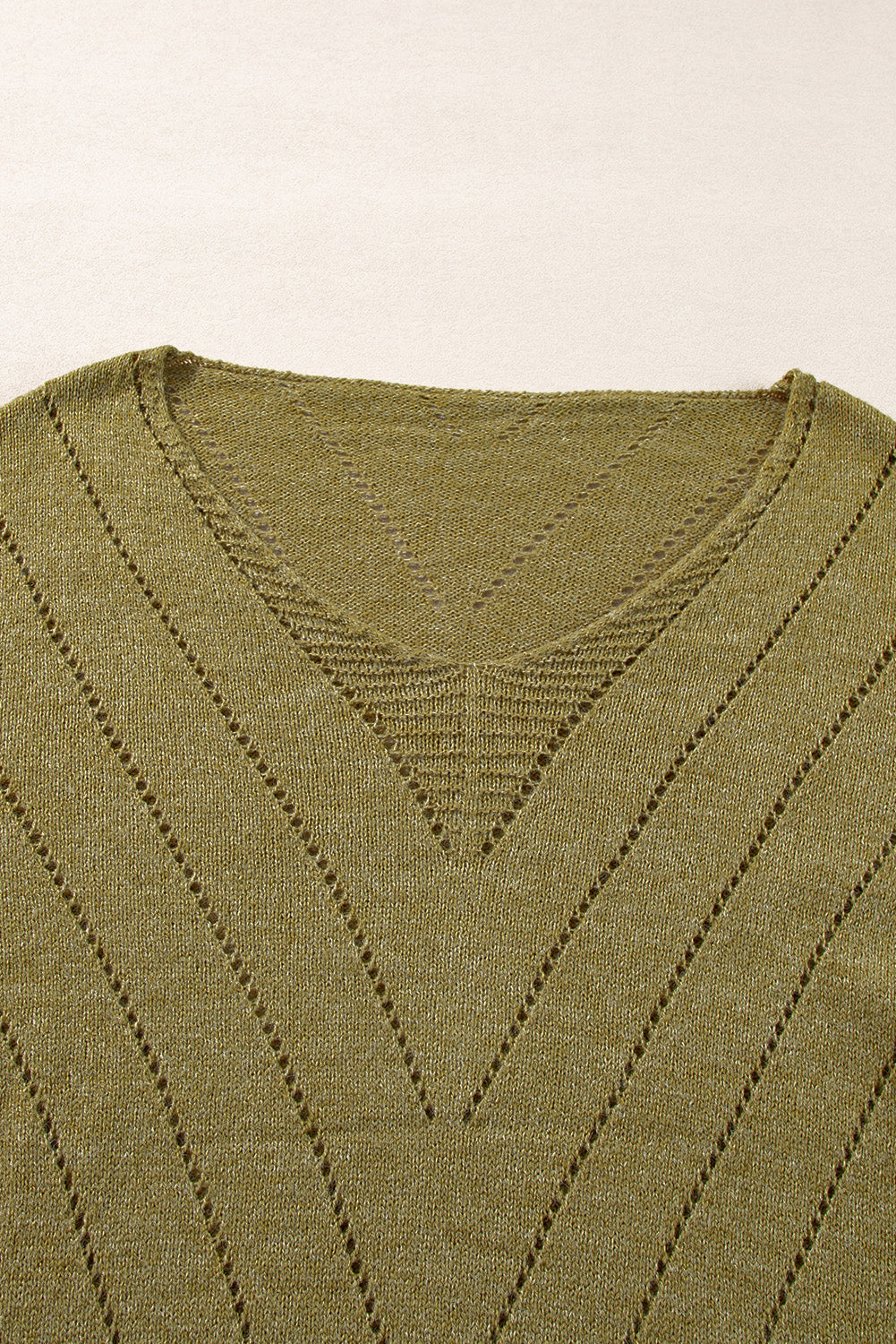 Sage Green Solid Eyelet Drop Shoulder V Neck Sweater - Scarlett's Riverside Boutique 