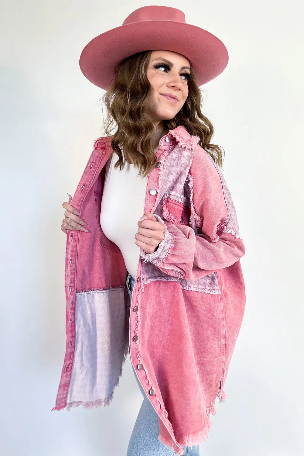 Pink Retro Distressed Houndstooth Patchwork Denim Jacket - Scarlett's Riverside Boutique 