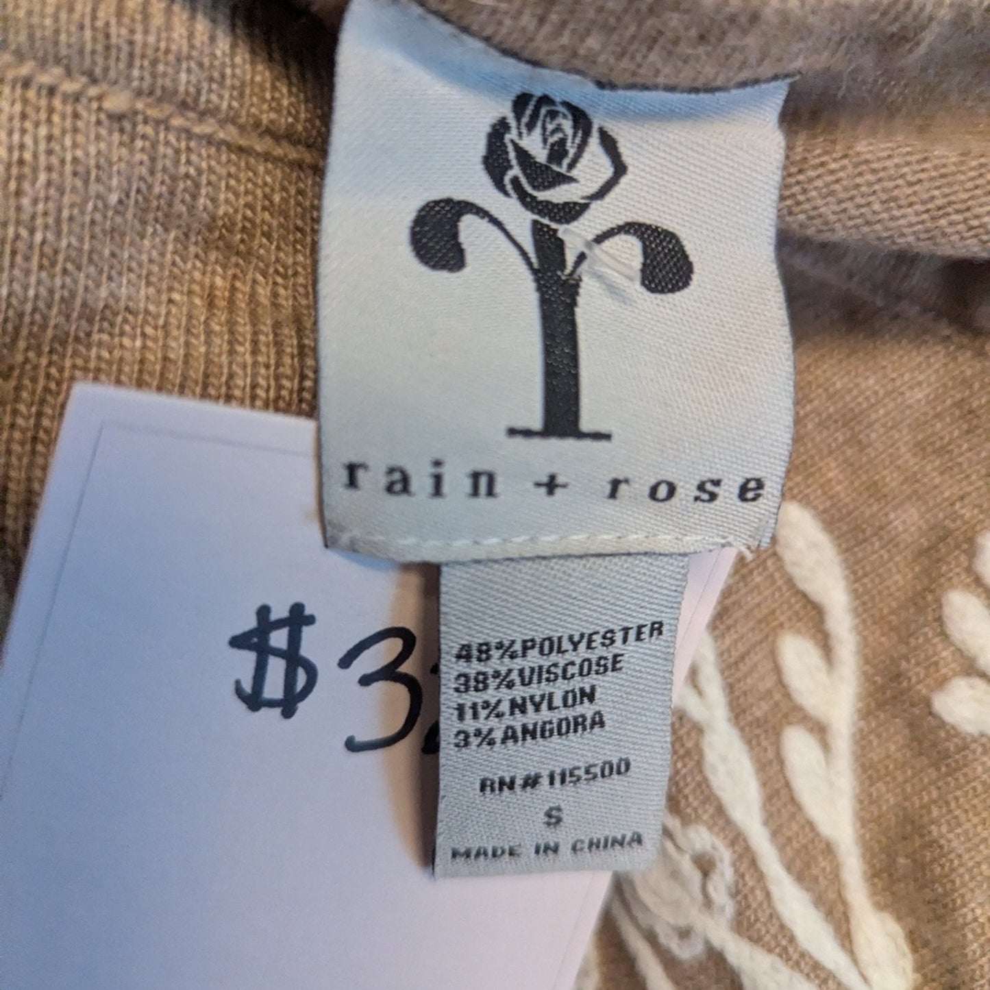 Tan Sweater with White Floral Embroidery, Size S